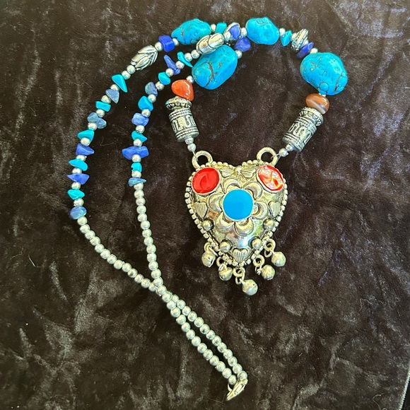 Bohemian Ethnic Statement Necklace Artisan Handmade Lapis Lazuli Turquoise Heart - Picture 2 of 4